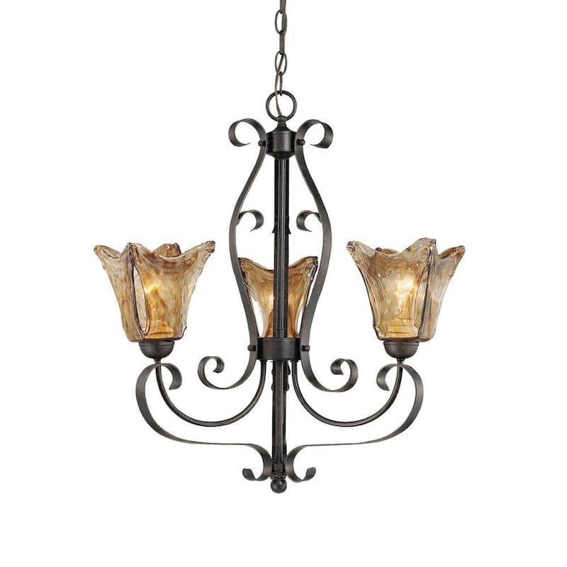 3-Light Burnished Gold Chandelier with Umber Swirl Glass