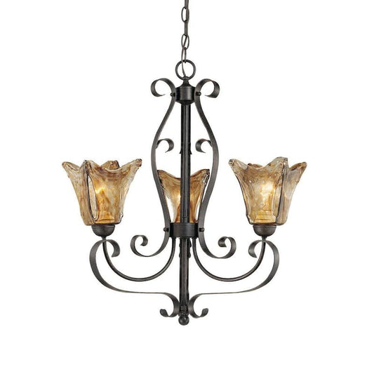 3-Light Burnished Gold Chandelier with Umber Swirl Glass