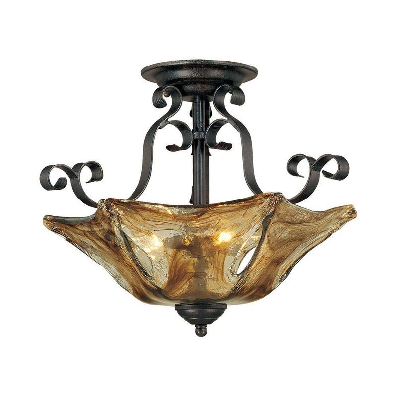 3-Light Burnished Gold Semi Flush Mount with Umber Swirl Glass