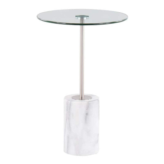 Symbol 24 in. Clear Glass, Nickel Metal and White Marble Side Table