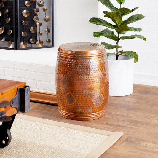 14 in. Copper Drum Shaped Medium Cylinder Aluminum End Accent Table with Hammered Design