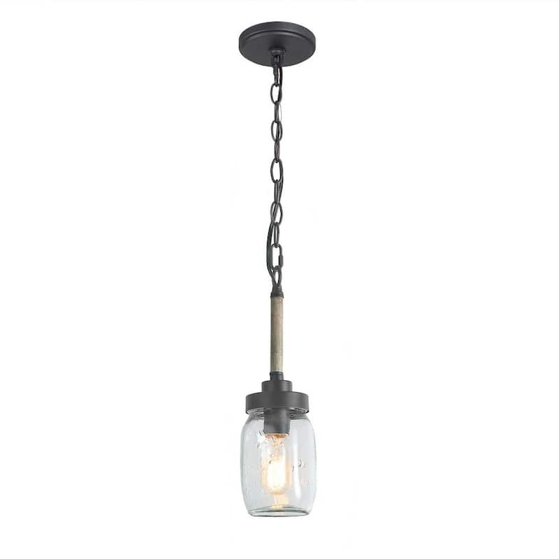 1-Light Dark Gray Industrial Island Pendant-Light with Mason Jar Shade Farmhouse Hanging Light with Faux wood accent