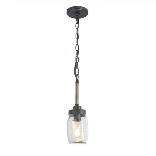 1-Light Dark Gray Industrial Island Pendant-Light with Mason Jar Shade Farmhouse Hanging Light with Faux wood accent