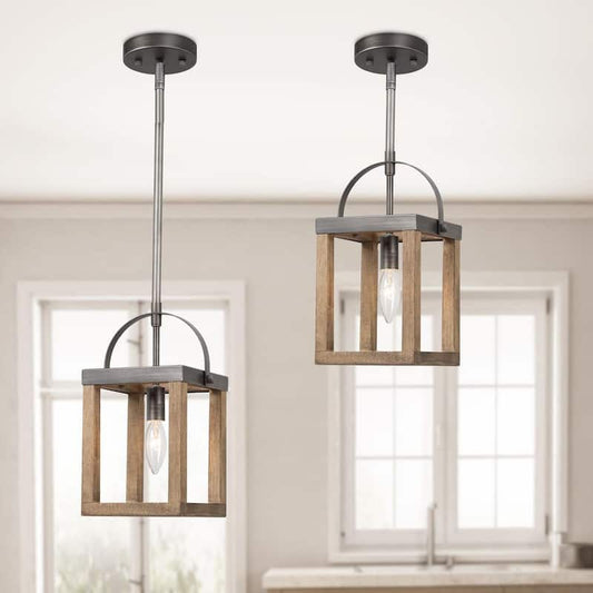 Wood Pendant Light 1-Light Farmhouse Square Cage Lantern Gray Mini Pendant Lighting