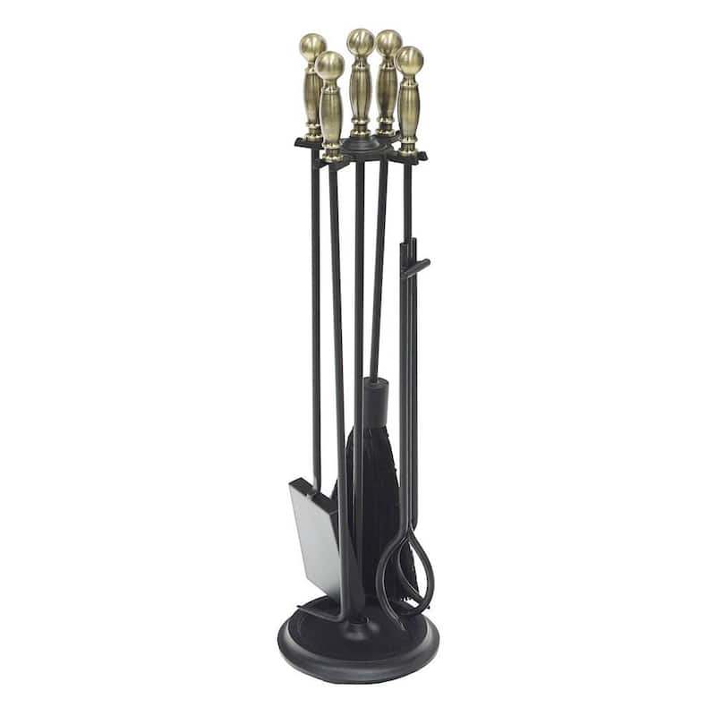 30.25 in. Tall 5-Piece Antique Brass and Black Chelmsford Fireplace Tool Set