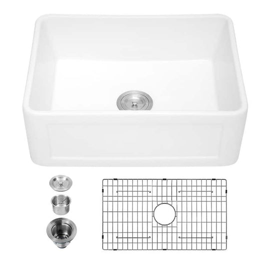 White Fireclay 24 in. Single Bowl Farmhouse Apron Kitchen Sink with Bottom Grid