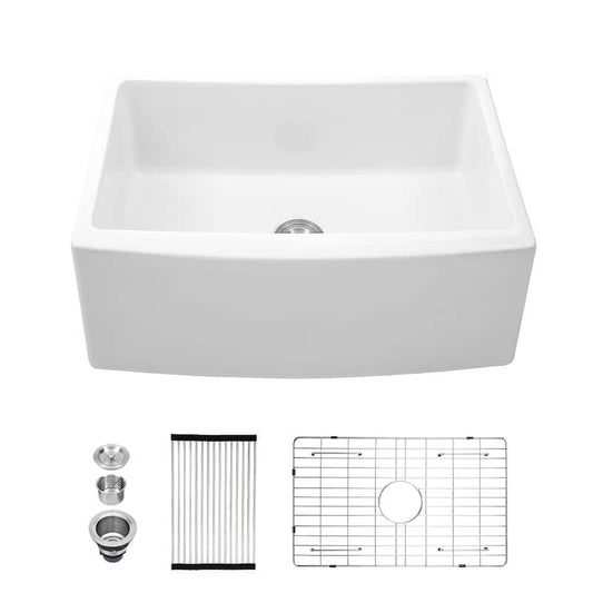 White Fireclay Ceramic Porcelain 24 in. Single Bowl Farmhouse Apron Kitchen Sink with Bottom Grid