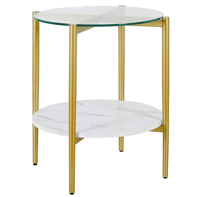 Otto 20 in. Gold Round Glass Side Table with Faux Marble Shelf