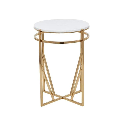 16 in. Gold Large Round Marble End Accent Table with Marble Top