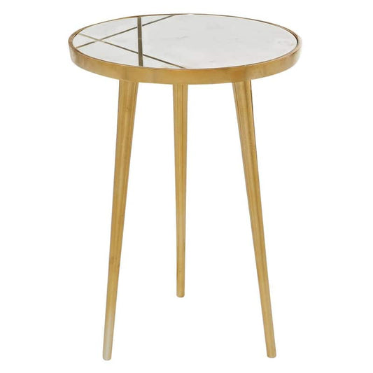 15 in. Gold Medium Round Marble End Accent Table with Marble Top with Gold Inlay