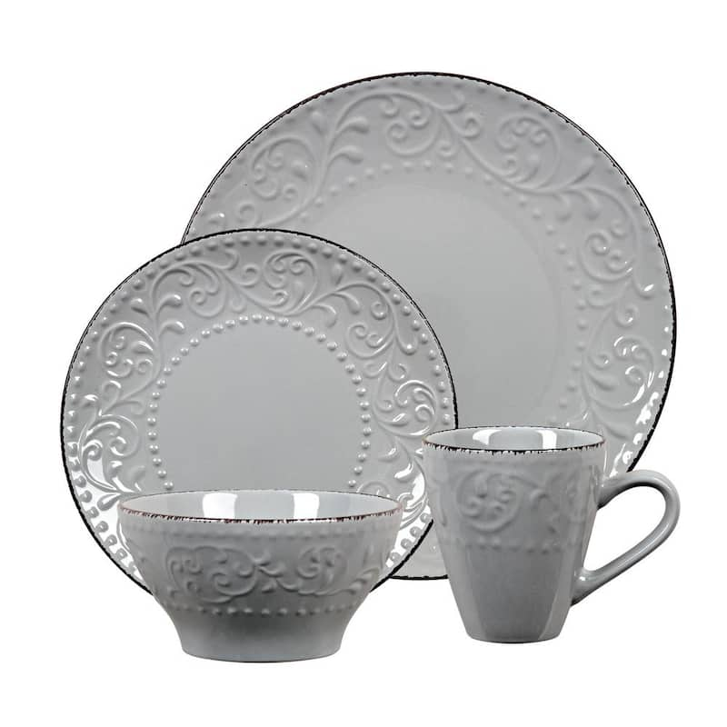 16-Piece Stoneware Scroll Dinnerware Set-Gray