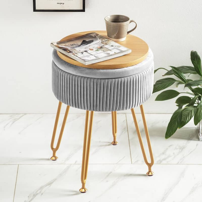 Velvet Storage Ottoman Foot Rest Upholstered Pleated Round Footrest Vanity Stool with Metal Legs Coffee Table Top Cover