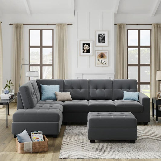 3-Piece Gray Suede 5-Seats L-Shape Reversible Sectionals Sofa with Chaise Lounge Storage Ottoman and Cup Holders