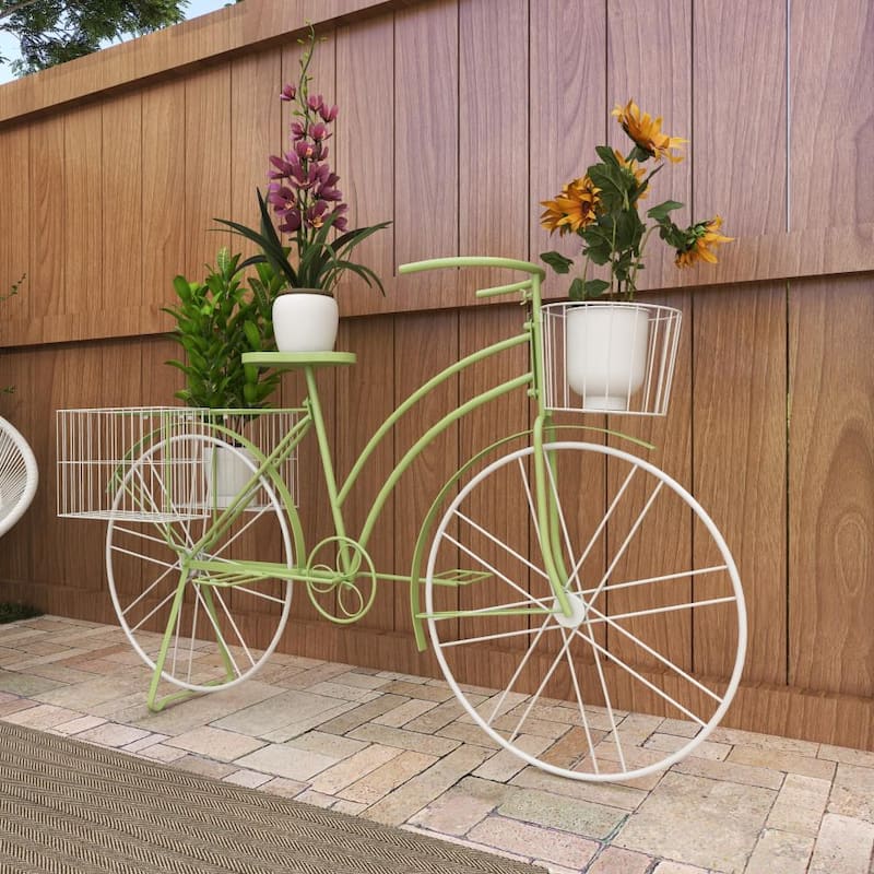 35 in. Green Metal Bike Indoor Outdoor Plantstand with Basket and Saddle Bag Planters