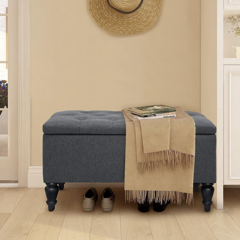 29 in. Grey Linen Fabric Upholstered Flip Top Tufted Storage Bench