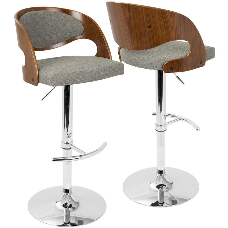 Pino Adjustable Height Walnut and Grey Fabric Bar Stool