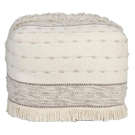 Textured Ivory / Beige Cotton Farmhouse Chic Shag Pouf Ottoman