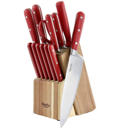 14-Piece Stainless Steel Cutlery Set in Red with Acacia Wood Storage Block