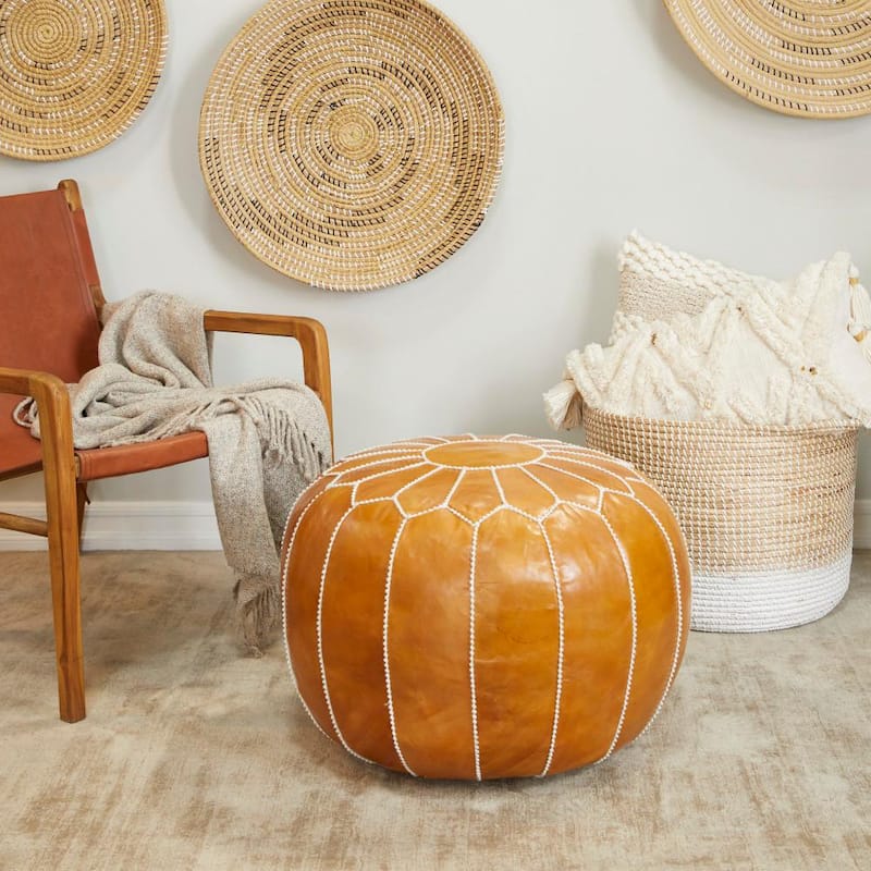 18 in. Light Brown Leather Moroccan with White Stitching Floral Pouf