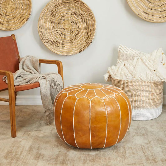 18 in. Light Brown Leather Moroccan with White Stitching Floral Pouf