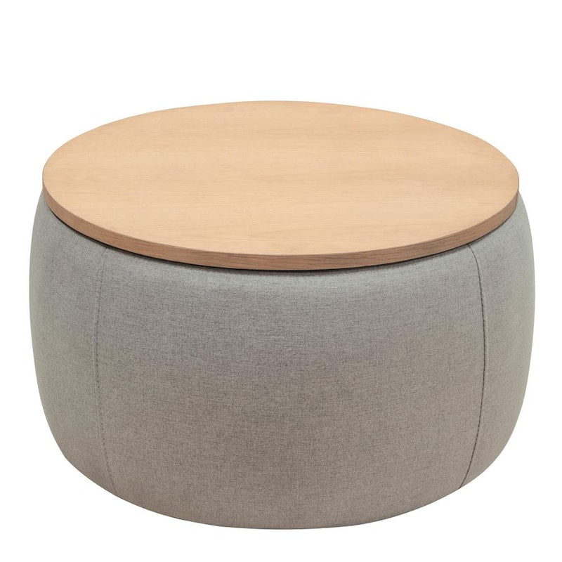 25.5in Light Grey Fabric Drum Coffee Table with Storage/Round Storage Ottoman with Removable Wooden Tabletop