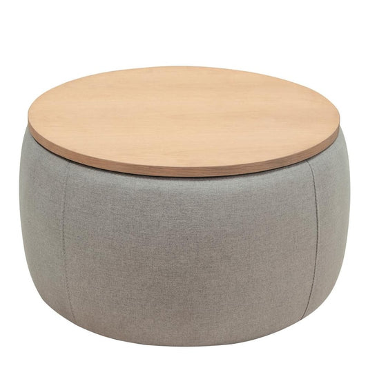 25.5in Light Grey Fabric Drum Coffee Table with Storage/Round Storage Ottoman with Removable Wooden Tabletop