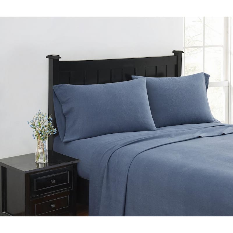 4-Piece Blue Solid Cotton Flannel Queen Sheet Set