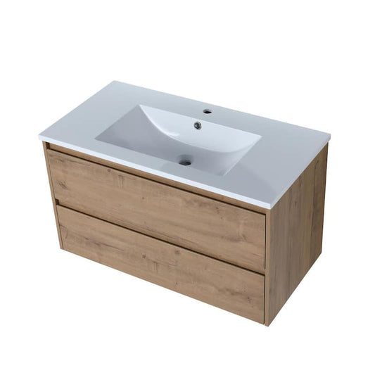 35.91 in. W x 18.31 in. D x 20.47 in. H Bath Vanity in Imitative Oak with White Resin Top