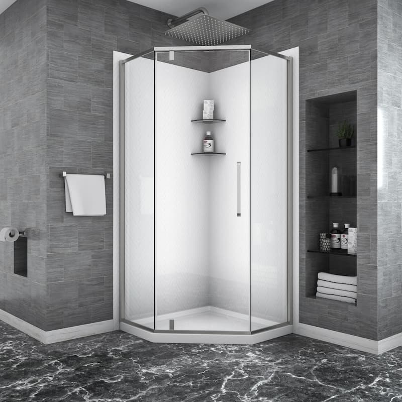 Shower Door 34-1/8 in. x 72 in. Semi-Frameless Neo-Angle Hinged Shower Enclosure in Brushed Nickel with Clear Glass