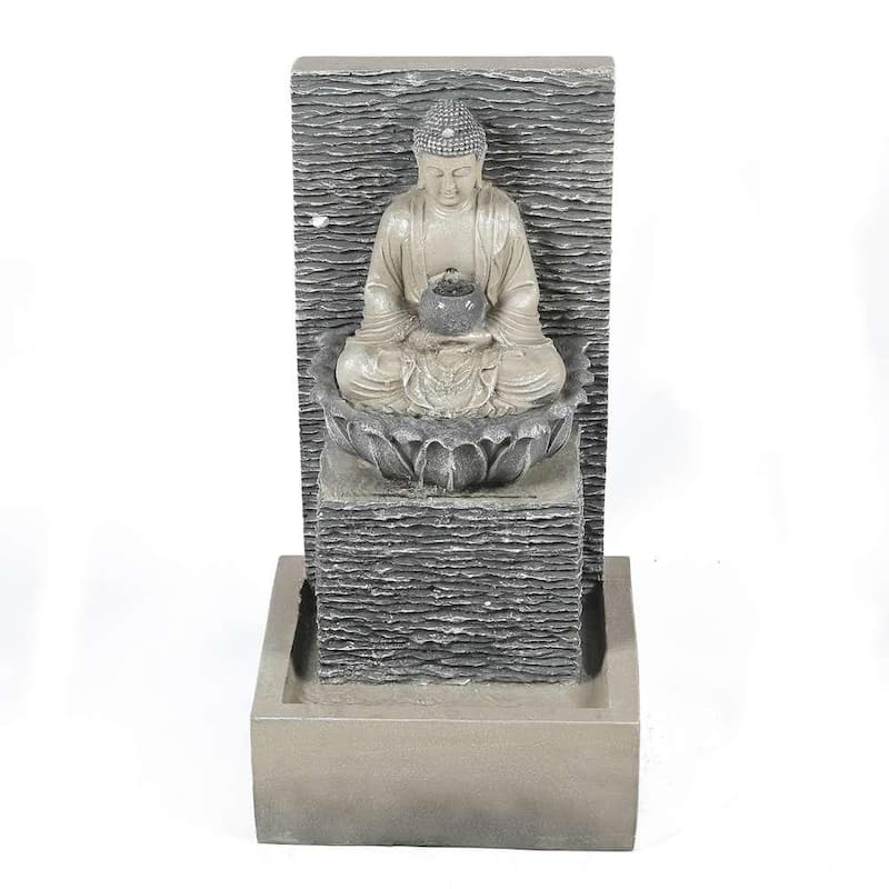 Polyresin Meditating Buddha with Pedestal Patio Cascade Fountain with LED Lights