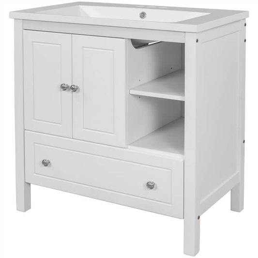 30 in. W x 18.03 in. D x 32.13 in. H. Bath Vanity Free-Standing in White with White Ceramic Top with White Basin