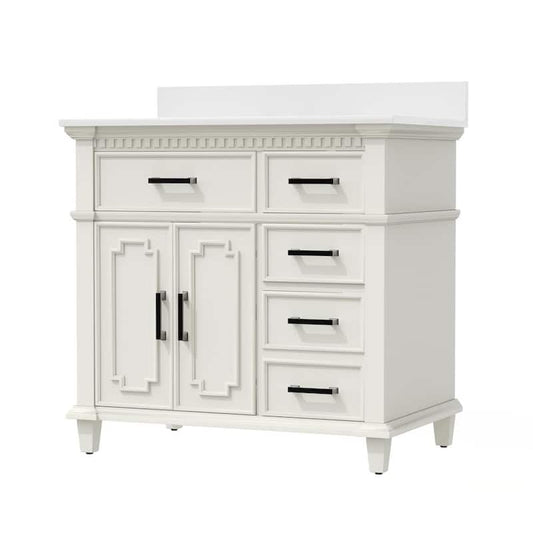 36 in. W 22 in D. x 38 in. H Bath Vanity in White with White Engineered Quartz Top