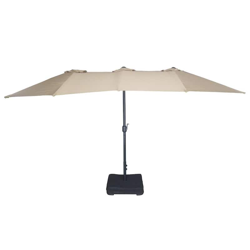 15 ft. Steel Market Rectangular Outdoor Double Sided Patio Umbrella with base in Tan