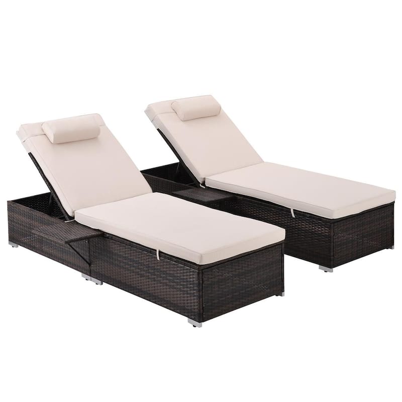 2-Piece Patio Brown Wicker Outdoor Chaise Lounge Chair with Beige Cushion