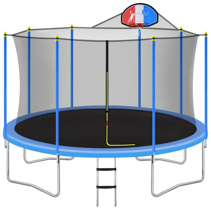 12 ft. Blue Backyard Trampoline with Safety Enclosure, Basketball Hoop and Ladder