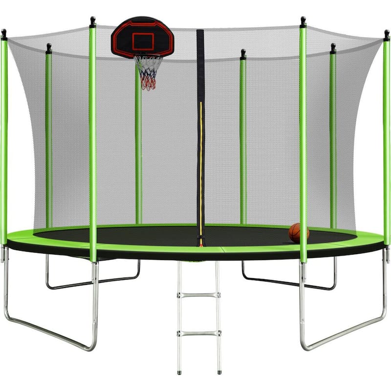 10 ft. Round Backyard Trampoline with Safety Enclosure, Basketball Hoop and Ladder in Green