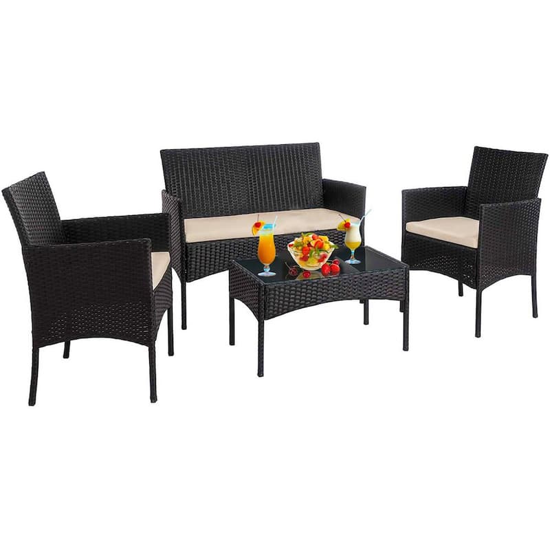 4-Piece Outdoor Patio Rattan Conversation Set Wicker Chair with Beige Cushions