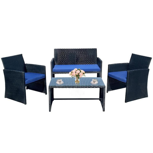 4-Piece Wicker Patio Conversation Set with Blue Cushions