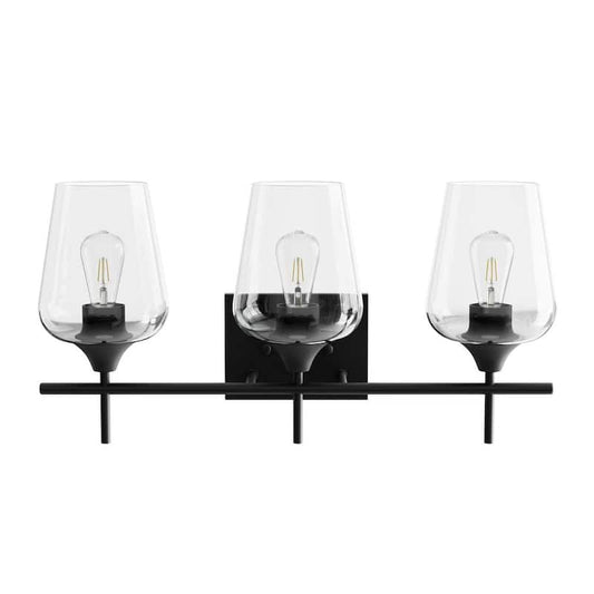 3-Light Matt Black Bathroom Vanity Light with Clear Glass Shades