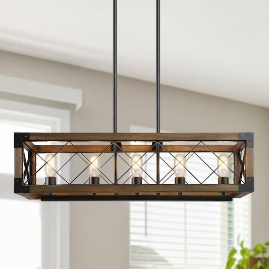 Wood Kitchen Chandelier 5-Light Linear Farmhouse Black Island Dining Room Chandelier Pendant with Rustic Rectangle Frame