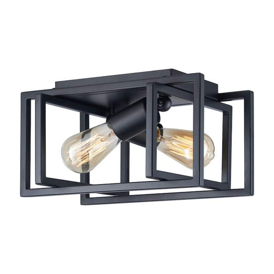 12 in. 2-Light Matte Black Open Geometric Frame Flush Mount