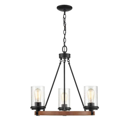 3 Light 21.08 in. Matte Black/Wood Grain Chandelier