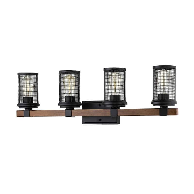 33 in. 4-Light Matte Black/Wood Grain Vanity Light