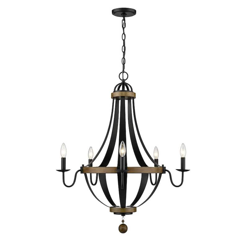 28 in. 5-Light Matte Black/Wood Tone Chandelier