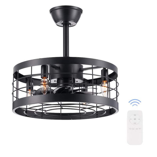 18 in. Indoor Black Industrial Fandelier Caged Ceiling Fan with Timer and Remote Control