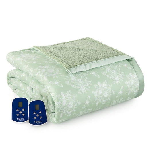 Sherpa Reverse Twin Toile Celadon Electric Heated Blanket