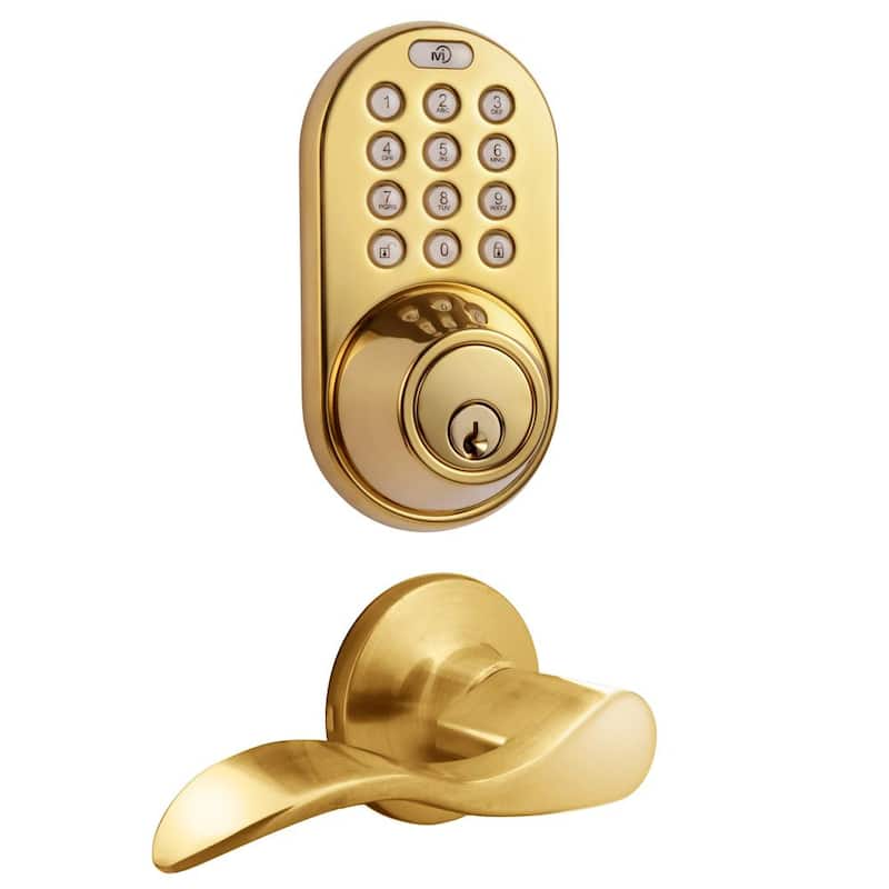 Polished Brass Keyless Entry Deadbolt Lever Handleset Door Lock Combo with Remote Control and Electronic Digital Keypad