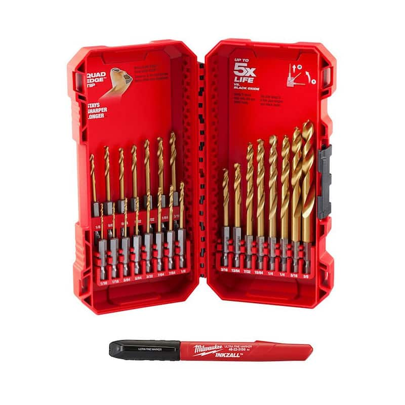 SHOCKWAVE Impact-Duty Titanium Drill Bit Set (23-Piece) and 1 Inkzall Black Fine Point Jobsite Permanent Marker