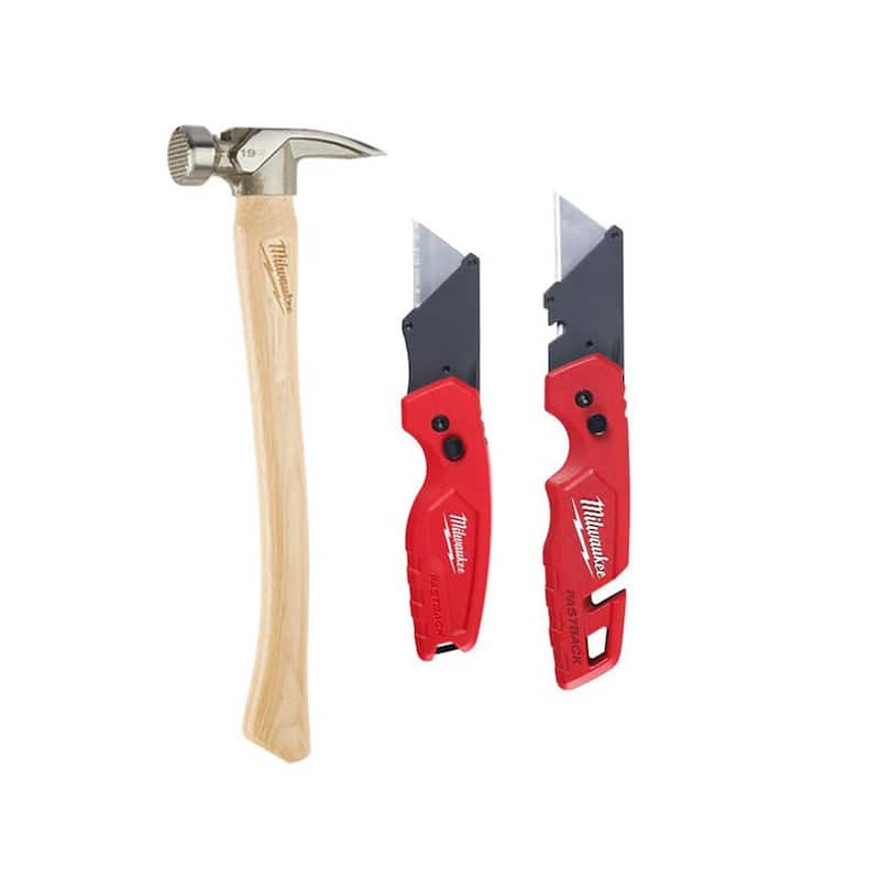 19 oz. Wood Milled Face Hickory Framing Hammer with FASTBACK Folding Utility Knife Set (3-Piece)