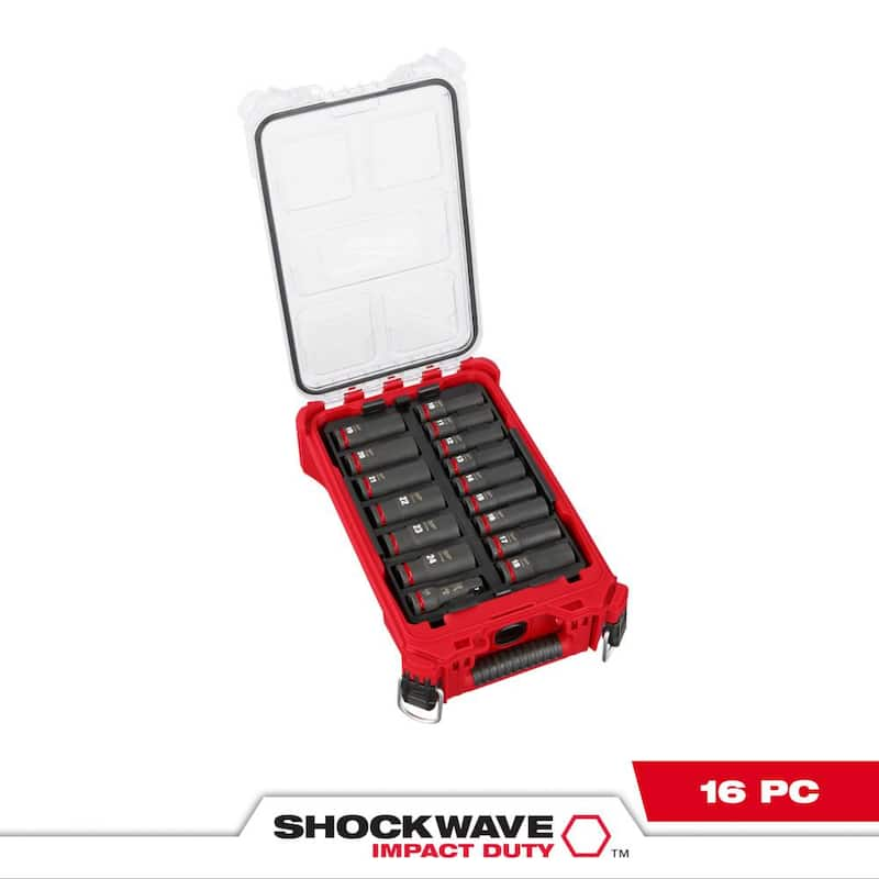 SHOCKWAVE Impact Duty 1/2Drive Metric Deep Well PACKOUT Socket Set (16-Piece)